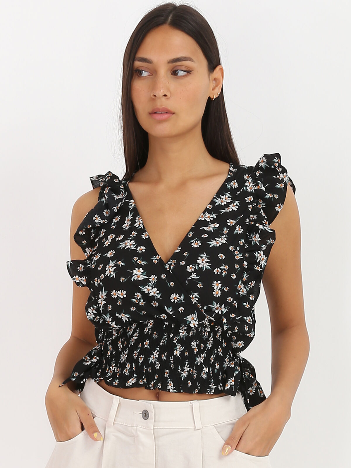 Crop top cache coeur fleuri- Noir