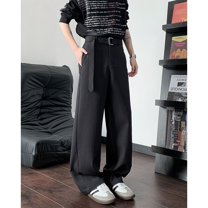 Freehop - Mid Rise Plain Textured Straight Leg Broek