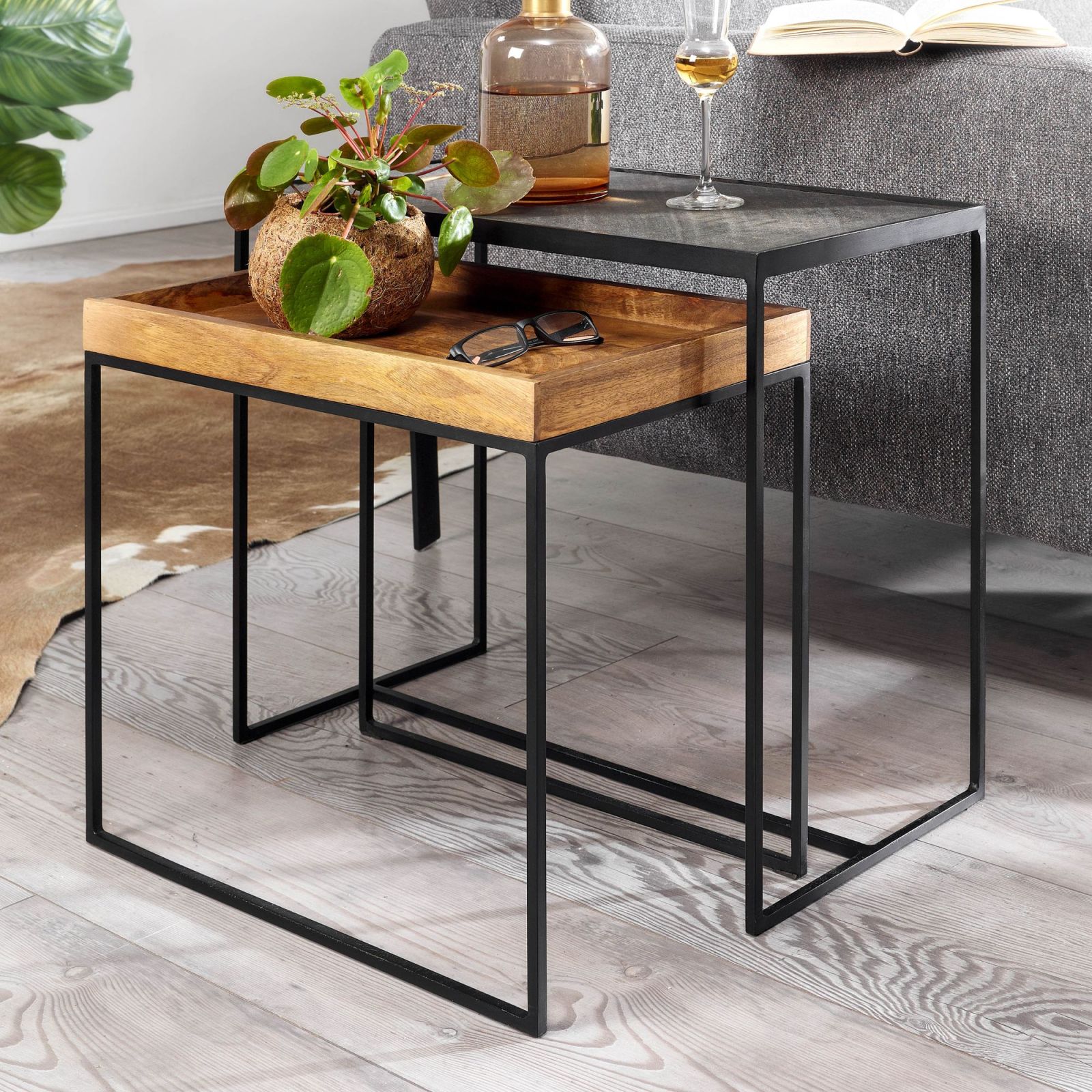 2er-Set Beistelltische - braun - schwarz - 60 cm