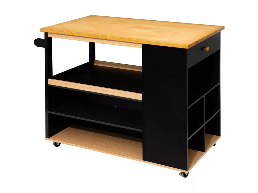 Ilot de cuisine, Meuble de cuisine en bois coloris noir, naturel - Longueur 108 x Profondeur 89 x Hauteur 60 cm