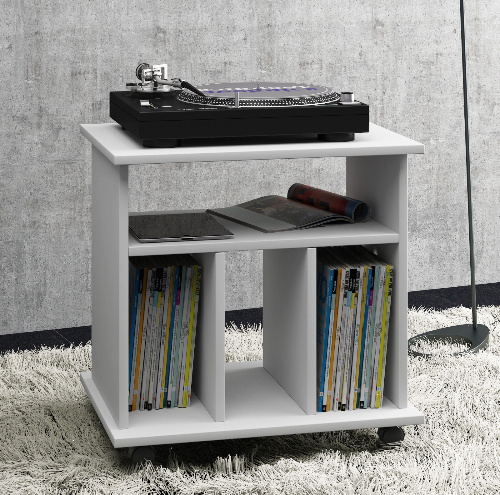 Schallplatten-Regal - weiß - 60 cm breit - auf Rollen