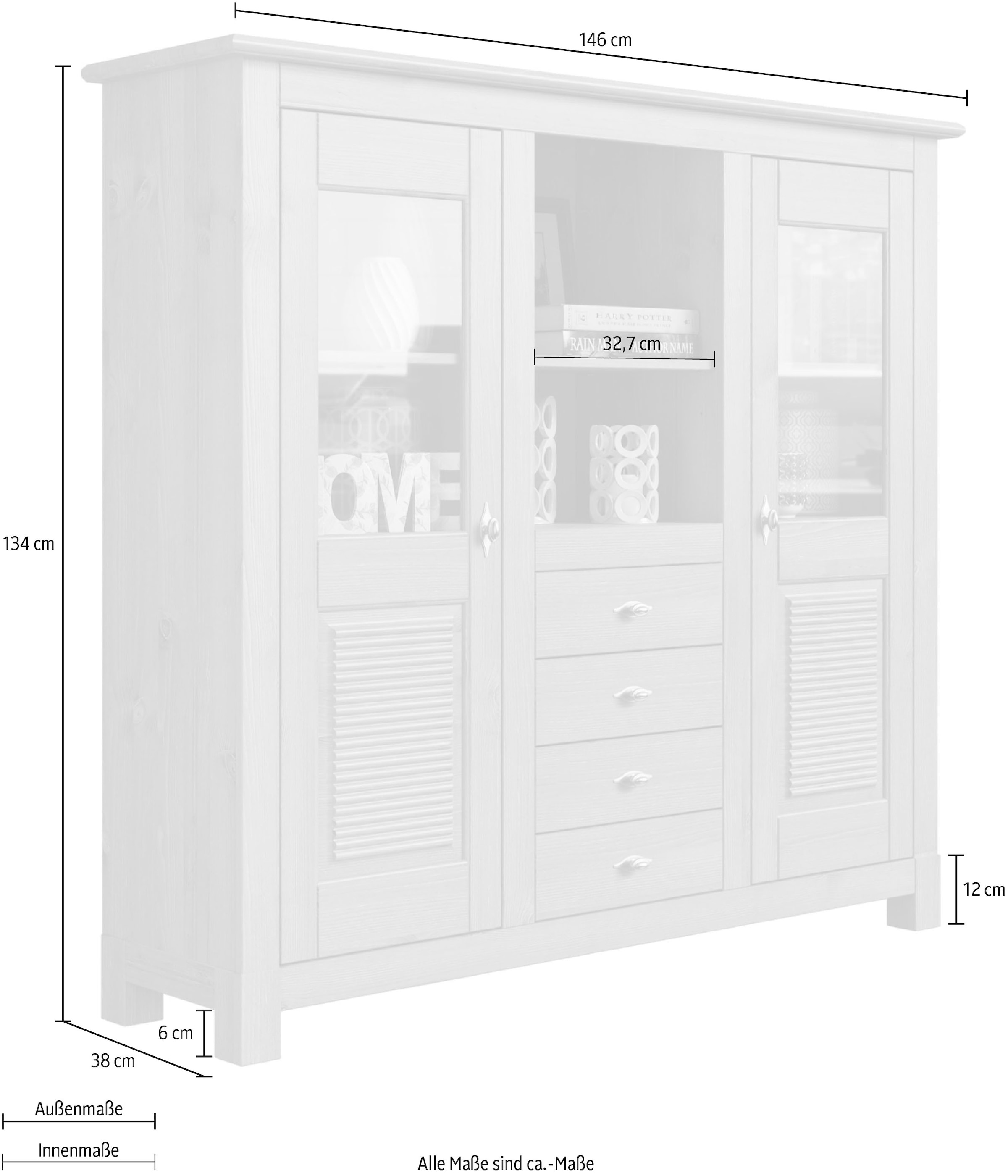 Home affaire Buffet »Rauna« Highboard, massive Kiefer, Türen mit Glaseinsätzen, B/H 146/134 cm