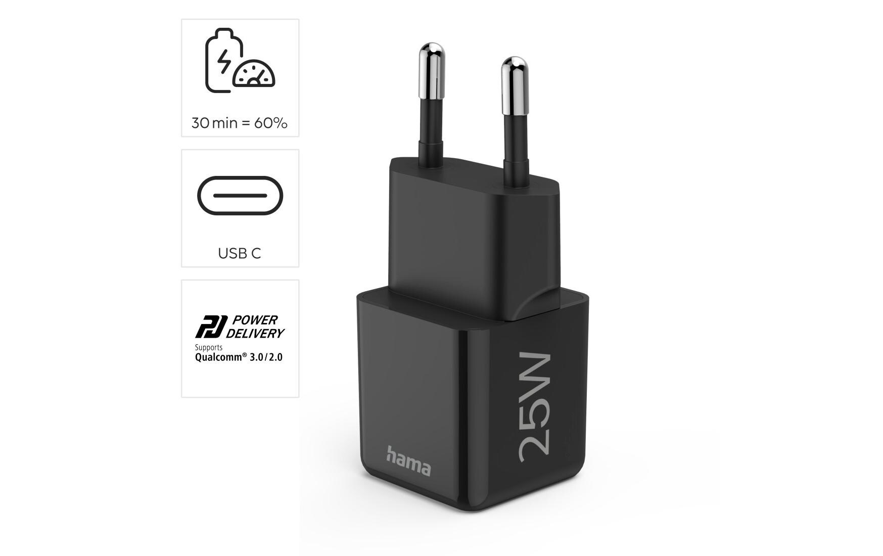 USB-Wandladegerät Mini-charger USB-C 25 W SchwarzSuper-Mini-GaN-Ladegerät USB-C