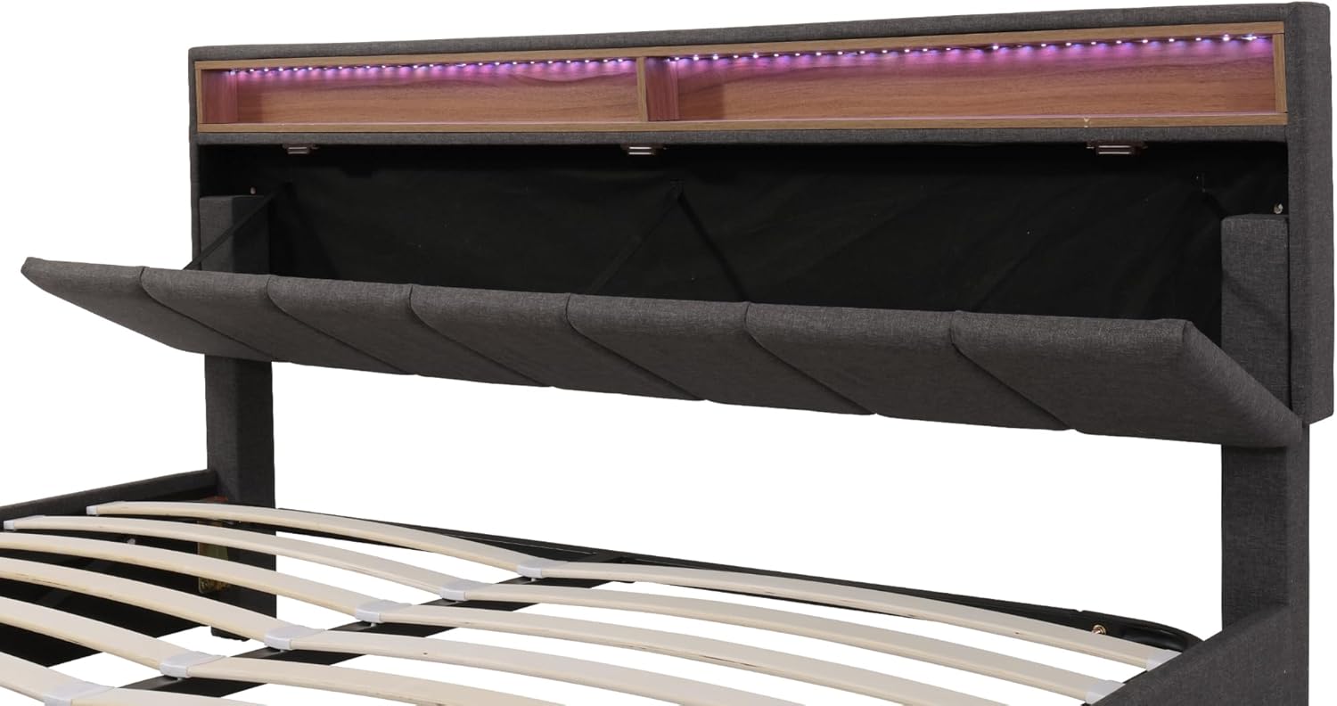 Polsterbett Doppelbett 180x200 cm mit LED-Beleuchtung, Hydraulisch Bett mit Stauraum Schubladen und Kopfteil, Stauraumbett Bettgestell mit Bettkasten und Lattenrost, Leinen, Grau, Ohne Matratze DS0852800