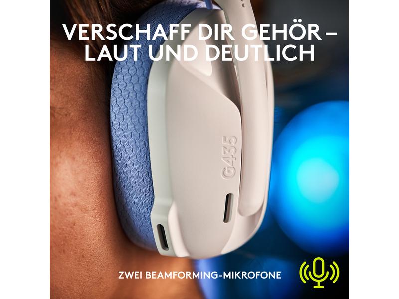 Logitech Headset G435 Gaming Lightspeed Weiss Kabelloses Gaming-Headset mit integrierten Beamforming-Mikrofonen und bis zu 18 Stunden Akkulaufzeit
