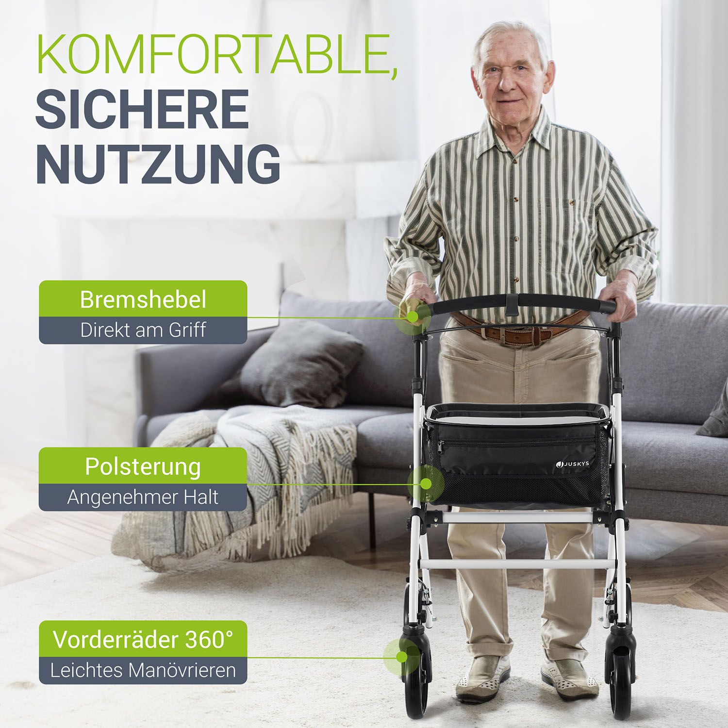 Juskys Aluminium Wohnungsrollator Aktiv - Tasche & Tablett - Rollator schmal & faltbar - Weiß