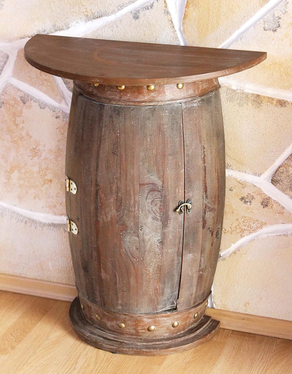 DanDiBo Wandtisch halbrund Tisch Weinregal Weinfass 0373-R Braun Schrank Fass aus Holz 73 cm Beistelltisch Konsole Wandkonsole Bar