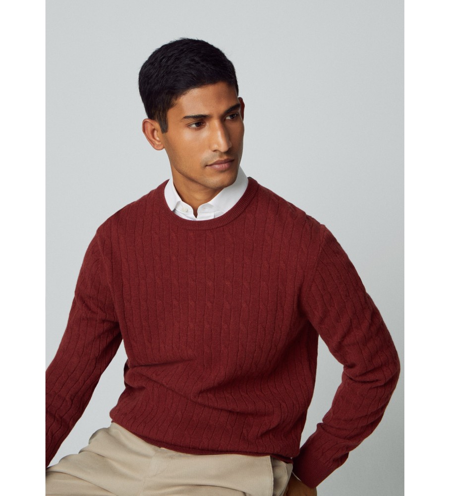 Camisa Hackett de lã de cordeiro com tranças, cor vermelho tijolo.