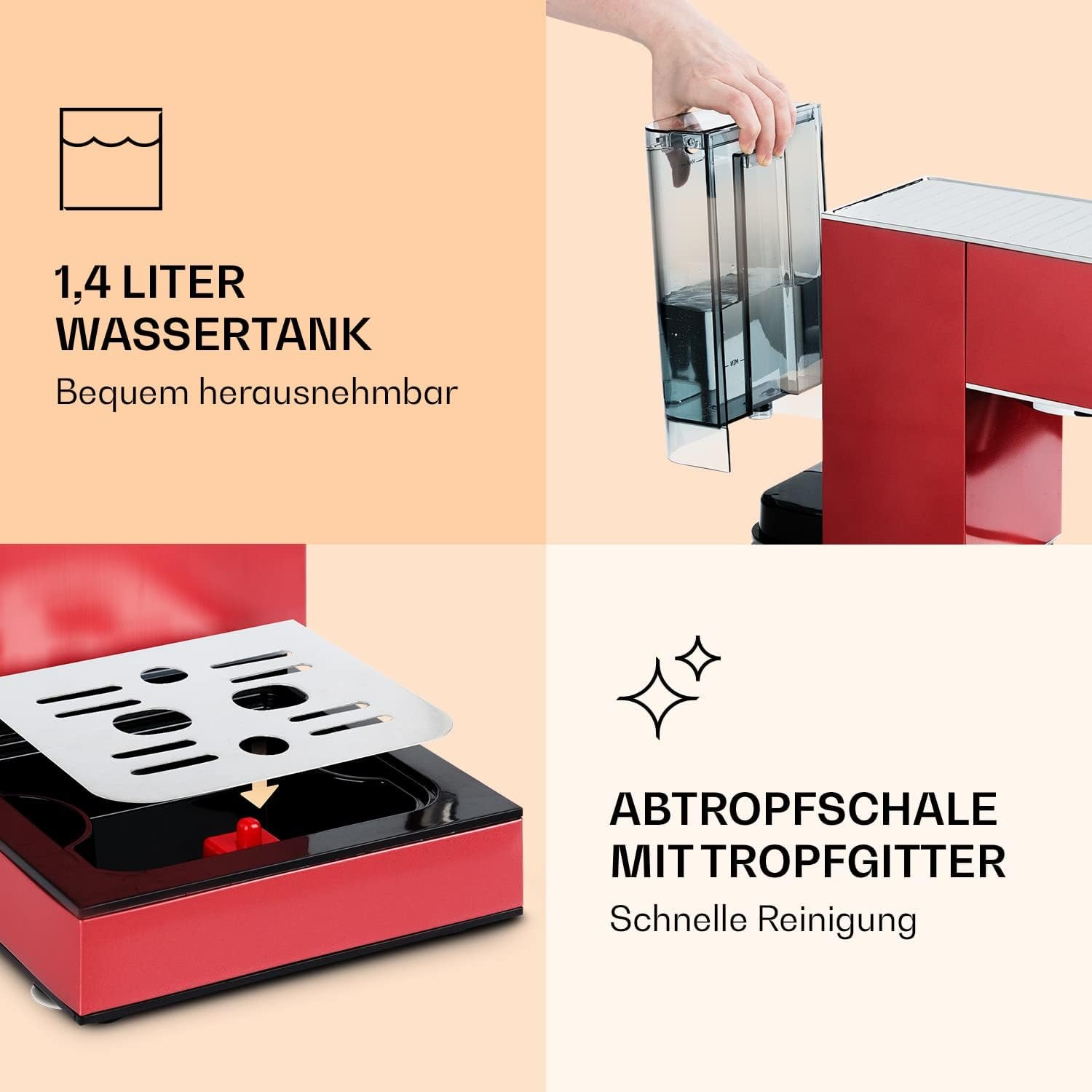 Klarstein Pausa Espressomaker, Siebträger mit 1350 Watt, Espressomaschine 20 Bar Druck, Espresso Siebträger mit Wassertank: 1,4 Liter Edelstahl,rot