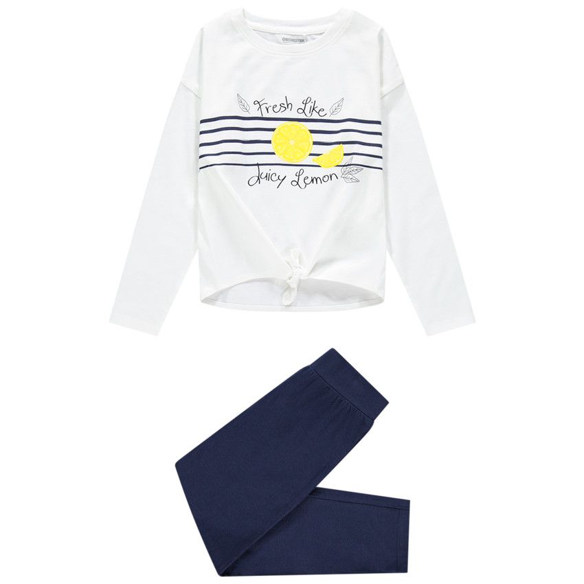 Pyjama en jersey à rayures et liens à nouer - Ecru