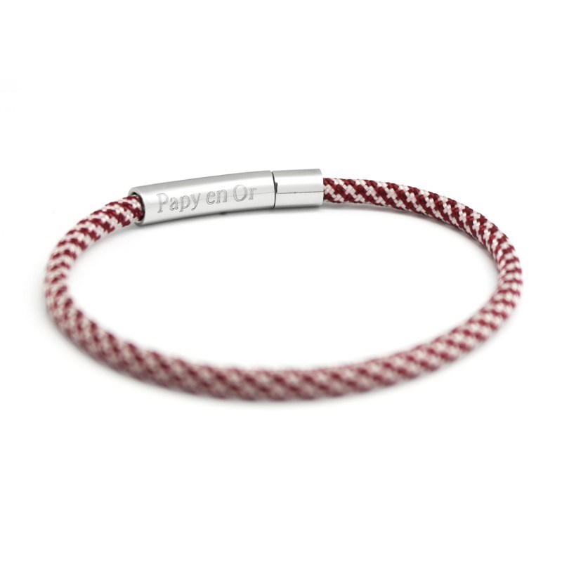 Bracelet cordon bordeaux et blanc - Acier inoxydable - Gravure PAPY EN OR