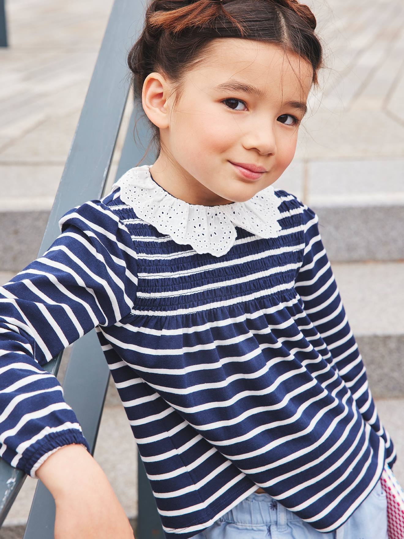 Blusa listrada azul-escura infantil com gola bordada, camiseta, blusa, azul-escuro