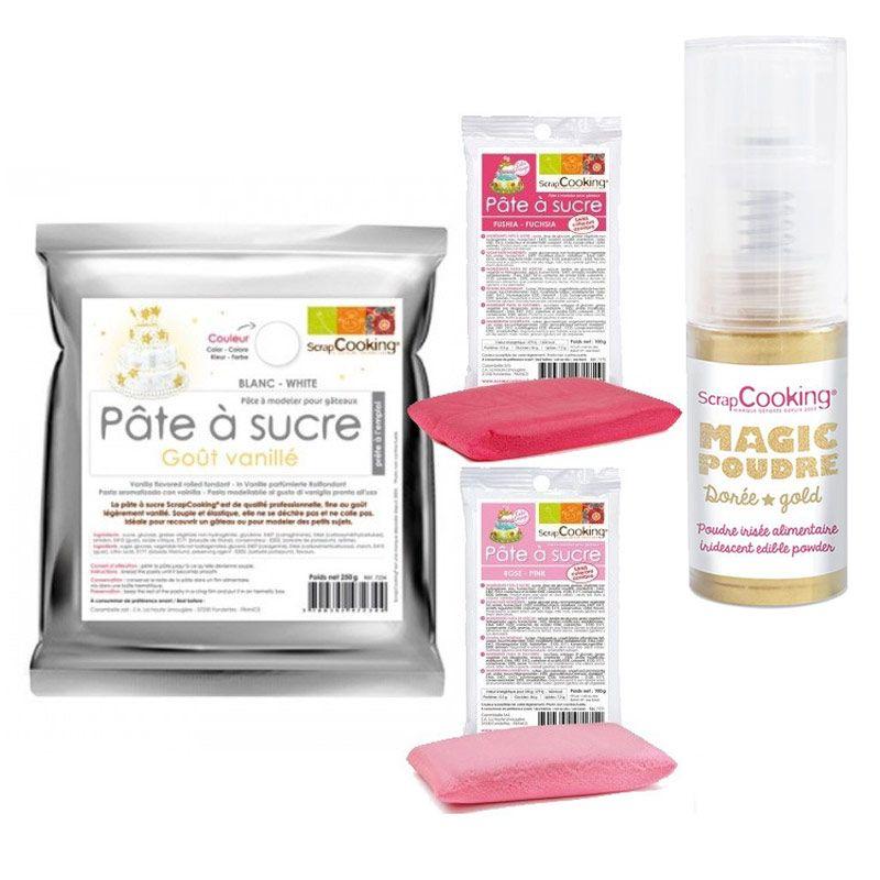 Kit pâte à sucre naissance fille + 1 poudre alimentaire irisée dorée S