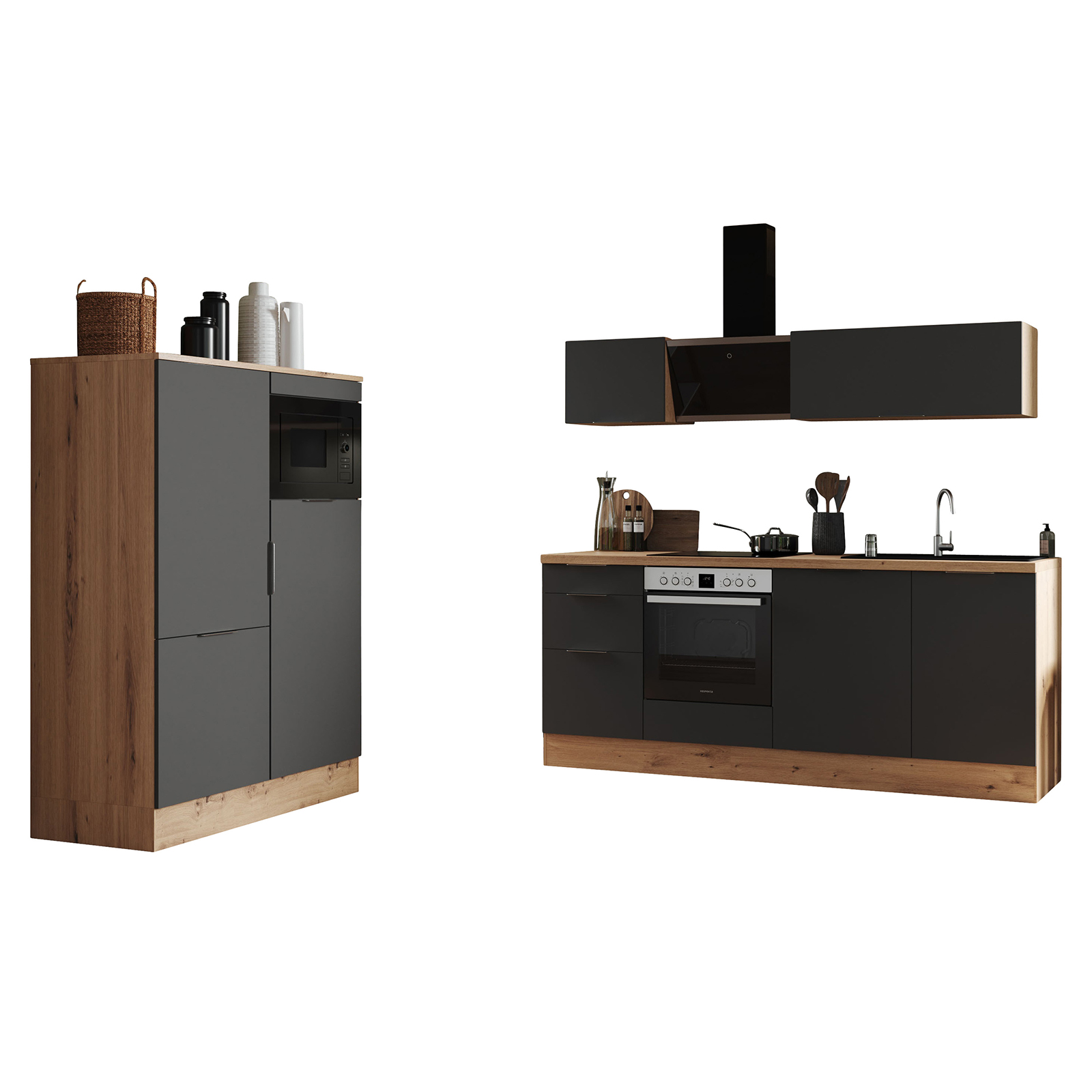 RESPEKTA Küchenblock - grau matt - Artisan Eiche - mit E-Geräten - 340 cm