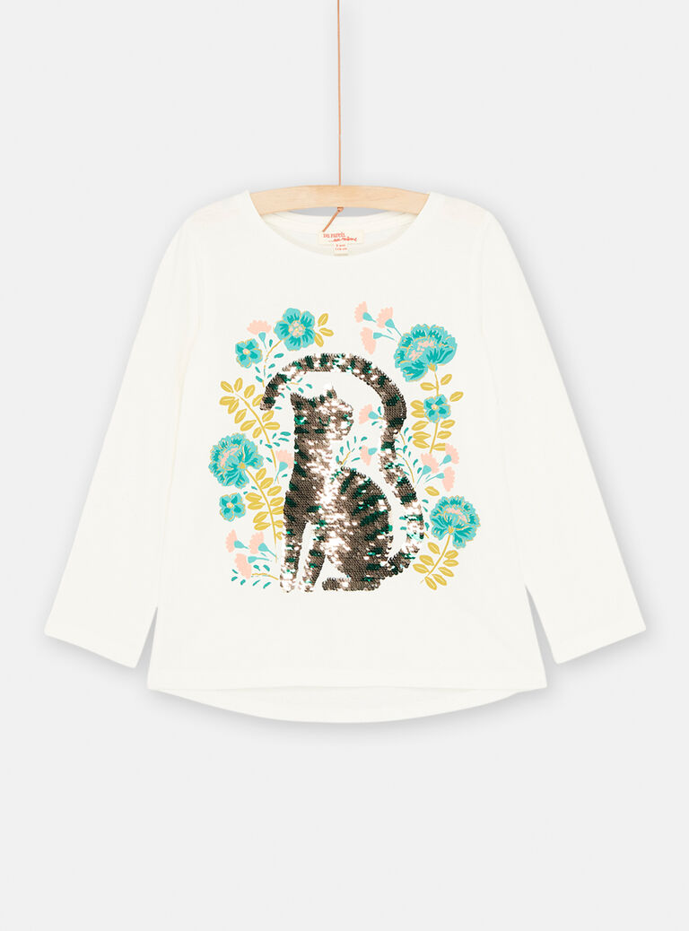 T-shirt écru à animation chat pour fille