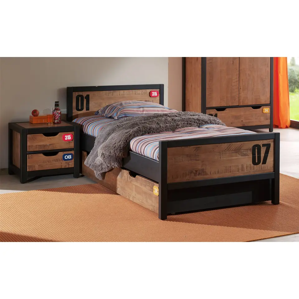 Vipack bed Alex met rolbed/opberglade en nachtkastje - bruin/zwart - 90x200 cm