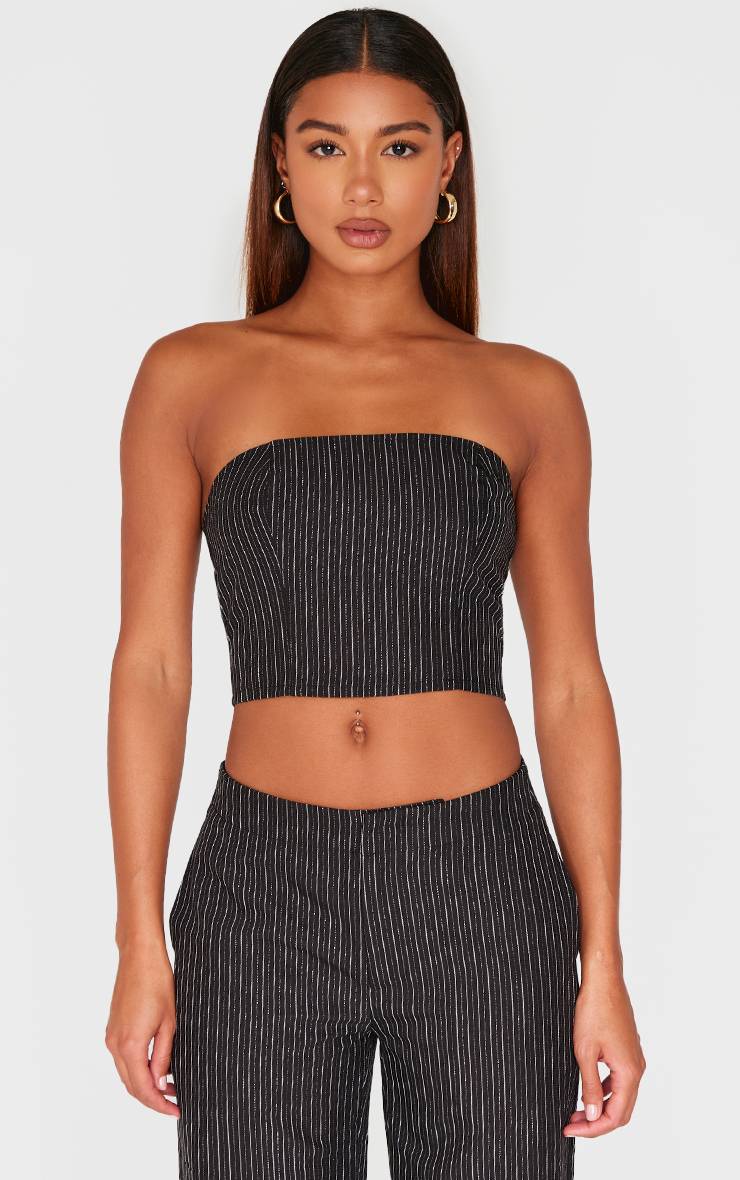 Noir Haut Bandeau Ajusté À Fines Rayures Pailletées Tissées