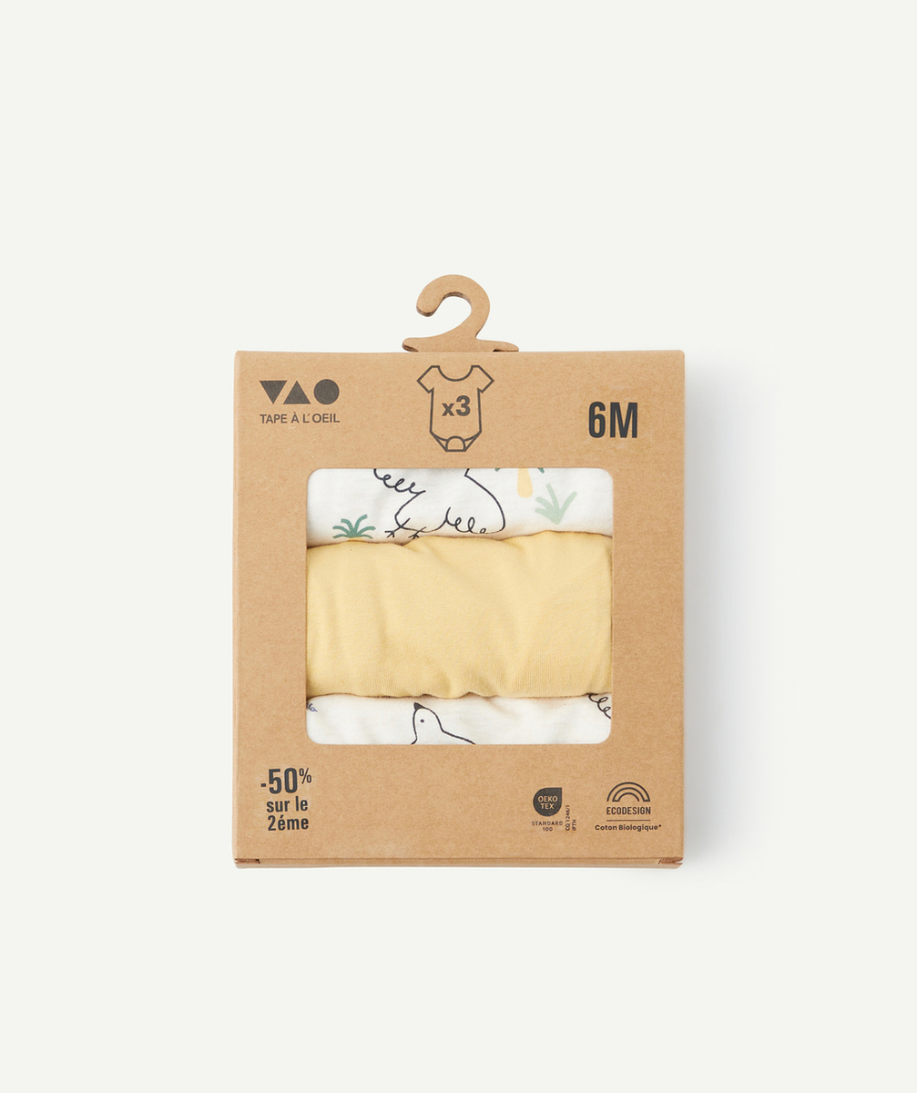 lot de 3 bodies bébé en coton bio uni jaune et imprimé thème oiseaux