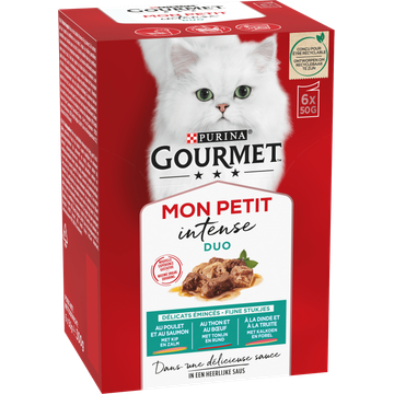 PURINA® Gourmet® Mon Petit Intense DUO Fijne stukjes met Kip en Zalm, met Tonijn en Rund, met Kalkoen en Forel 6x50g natvoer
