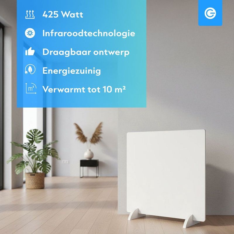 Silvergear Infrarood Verwarmingspaneel Staand - Verplaatsbaar - Verwarming - Thermostaat - 425W - Wit