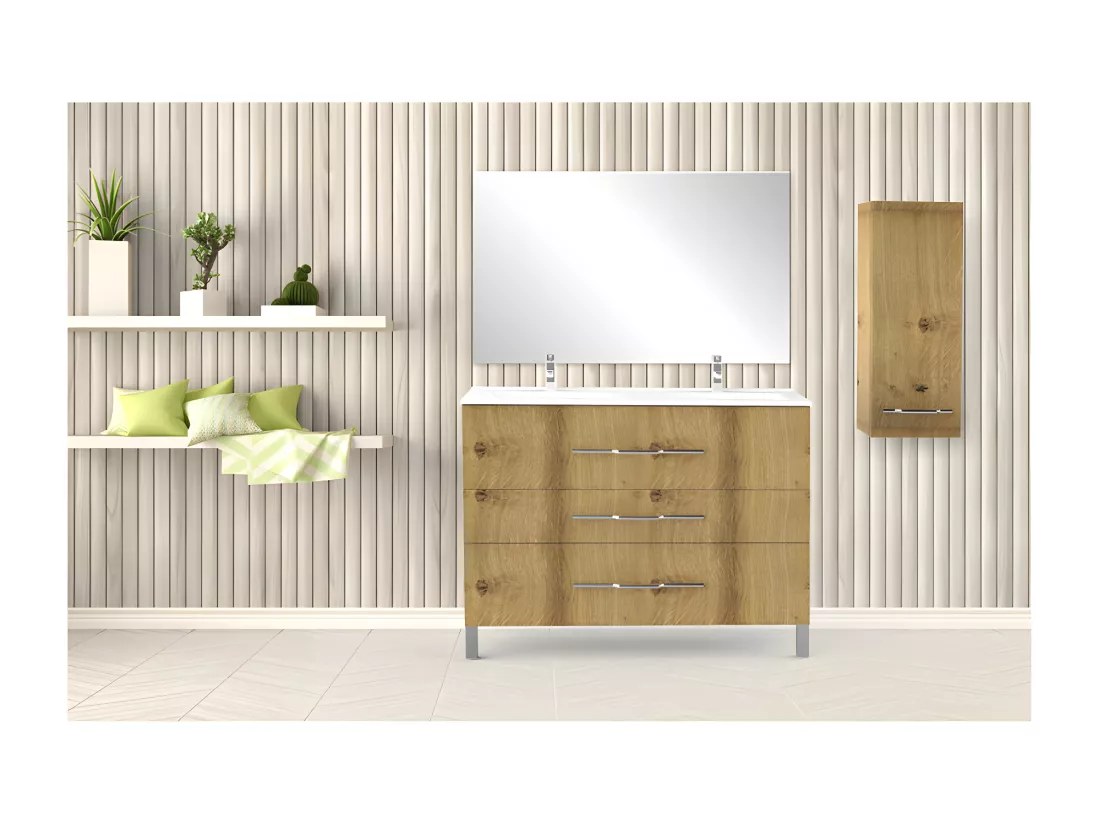 Meuble double vasque 3 tiroirs 120 cm Chêne Rustique - LANA - L 121.5 x l 47 x H 88 cm