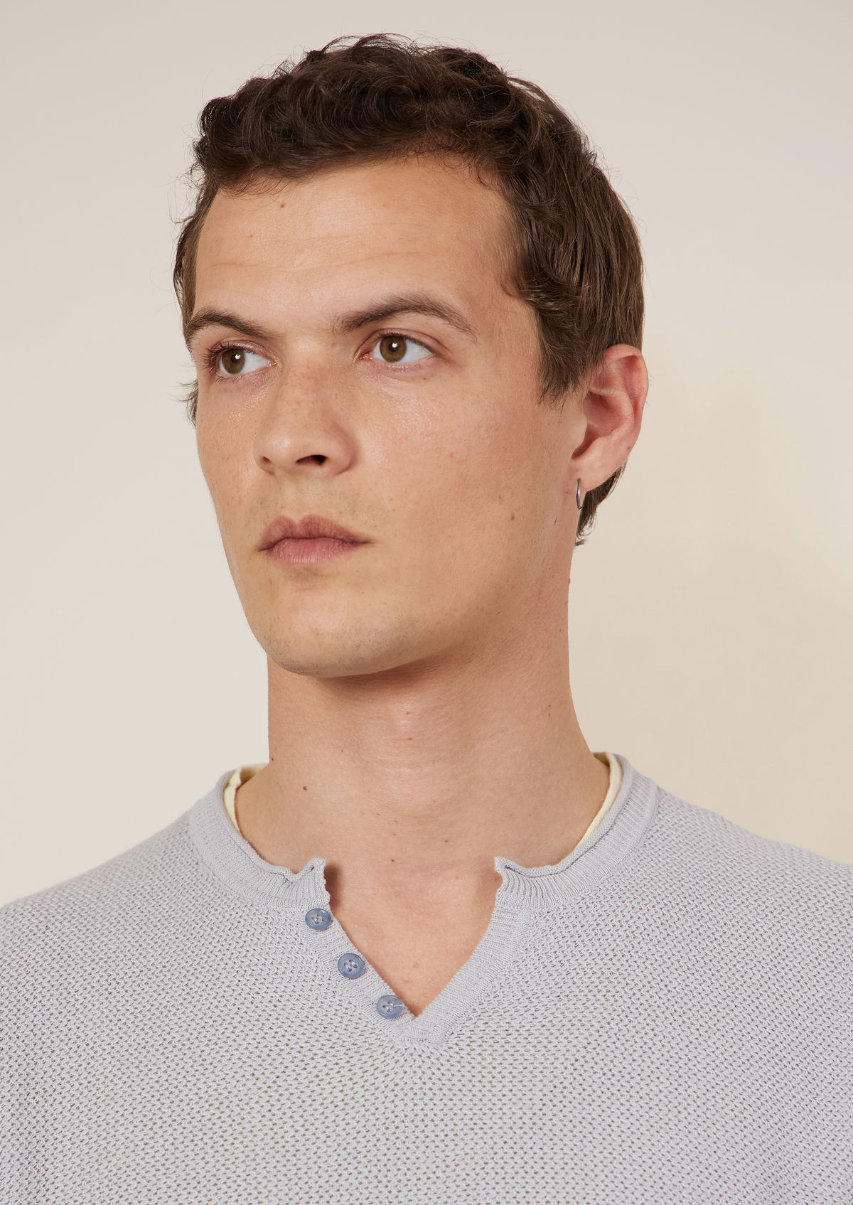 Pull col tunisien en coton et lin unis bleu ciel