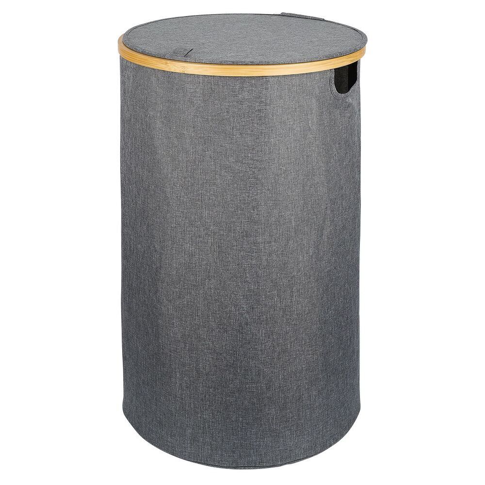 Coffre à linge rond 75L bambou et polyester gris