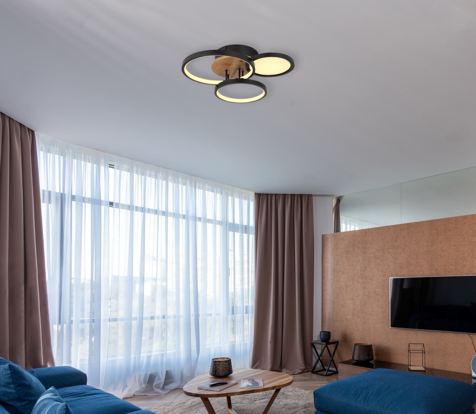 LED-Deckenleuchte - schwarz-holzfarben - 38 cm