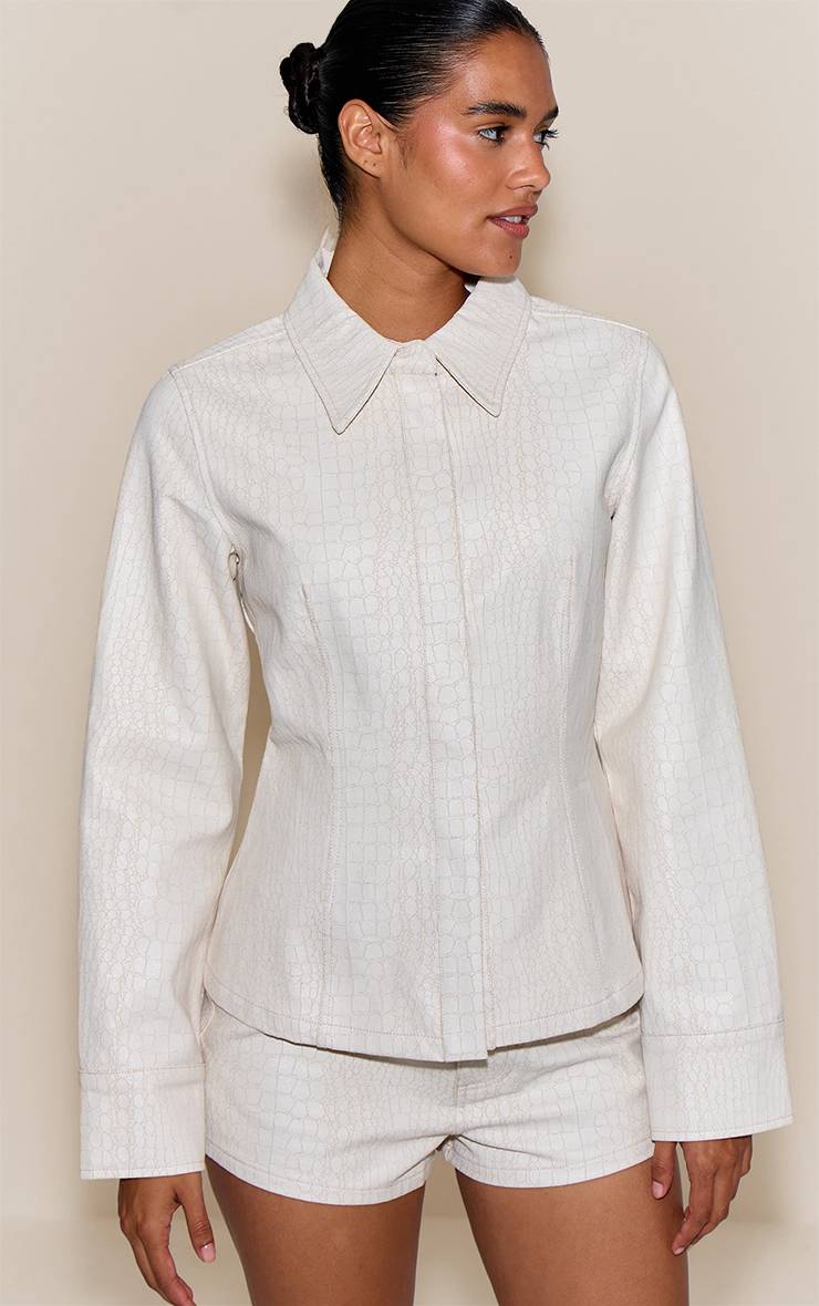 Crème Chemise En Denim Enduit À Imprimé Synthétique Avec Taille Cintrée
