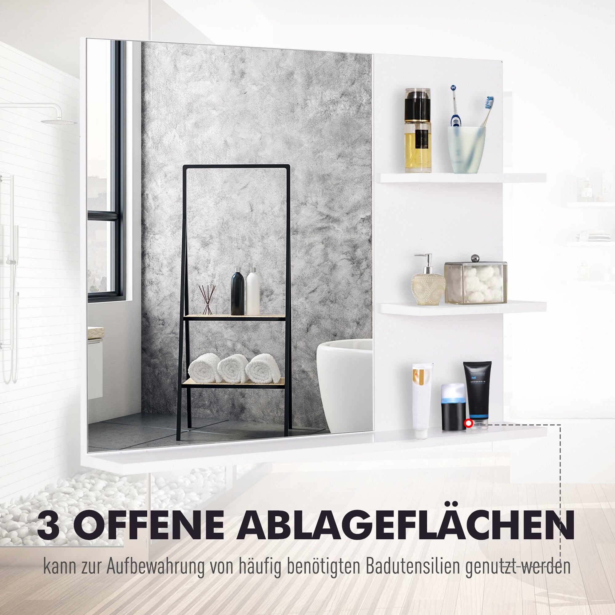 kleankin Badspiegel mit 3 Ablagen weiß 60 x 10 x 48 cm (BxTxH)
