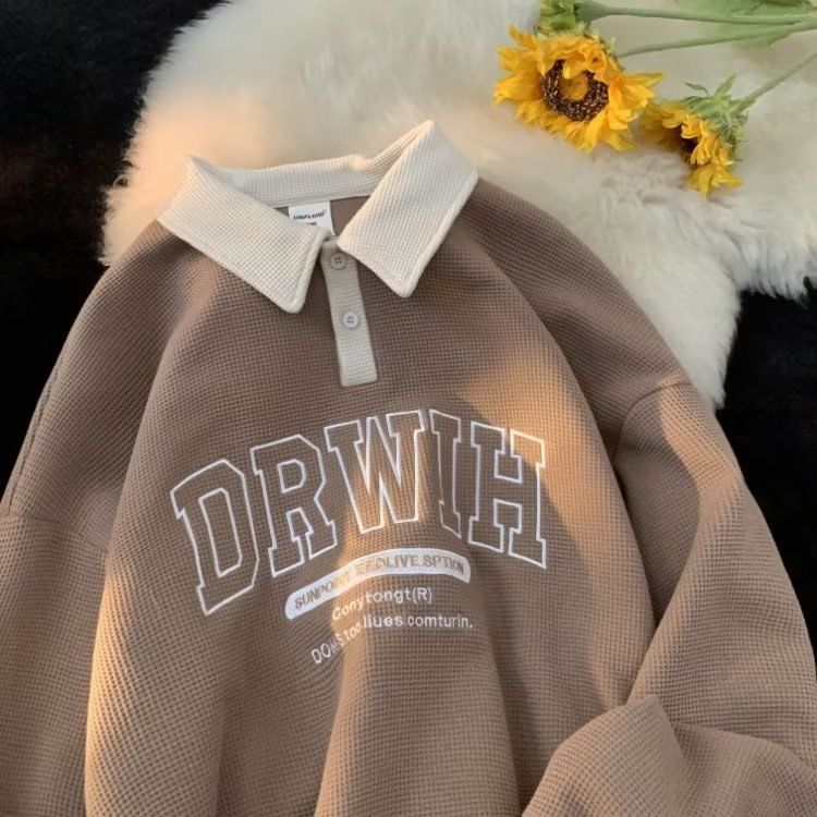 jagevin - Sweatshirt met lange mouwen, geborduurde letters en contrastkraag
