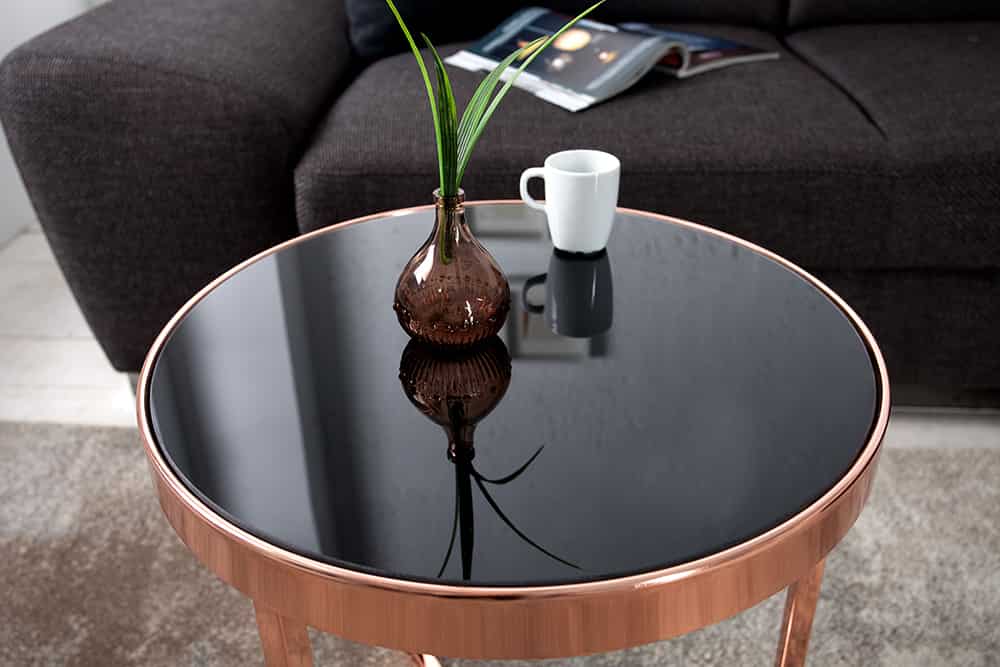 Design Beistelltisch Original ASTRO 50cm kupfer Metall schwarze Glasplatte Couchtisch rund