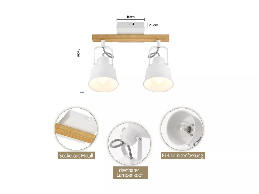 NETTLIFE Spot de Plafond 2 Flammes Orientable à 350° Vintage Douille E14 de conception de haute qualité en bois veiné