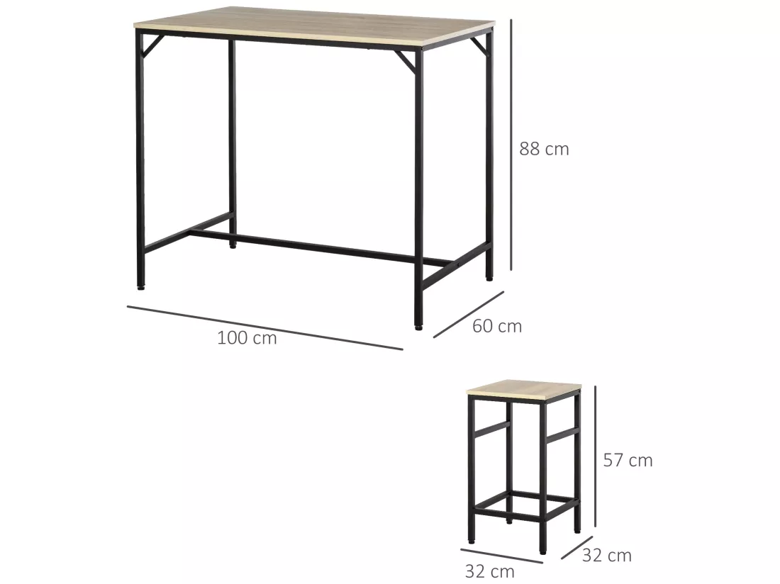 Ensemble table de bar design industriel + 4 tabourets repose-pieds panneaux particules imitation chêne clair métal noir