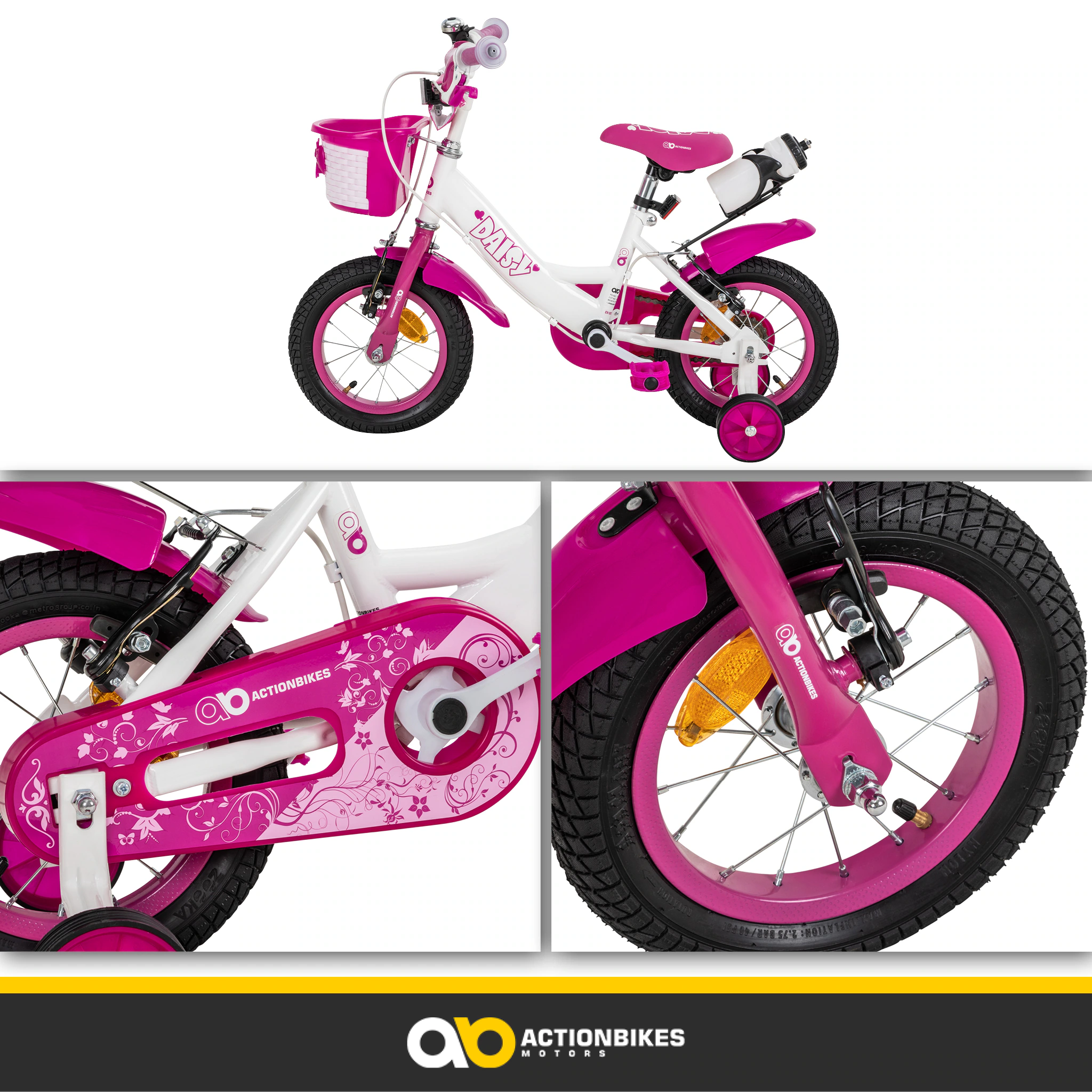 Actionbikes Kinderfahrrad Daisy 12 Zoll, pink, Stützräder, Korb, V-Brake-Bremsen, Antirutschgriffe (East)