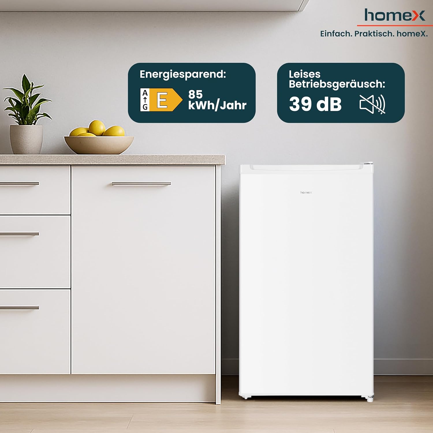 homeX Kühlschrank ohne Gefrierfach, Vollraumkühlschrank klein - 88L Nutzinhalt, freistehend und kompakt, Tischkühlschrank leise 39 dB, Fridge mit LED-Innenbeleuchtung und Temperaturregelung, weiß