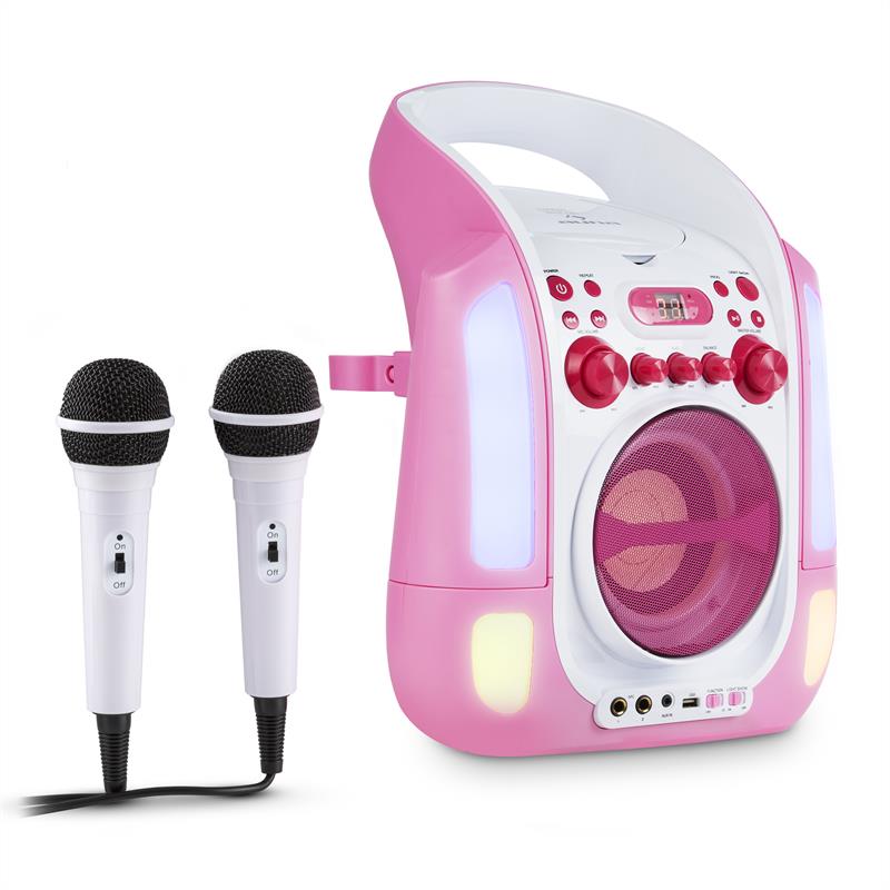 Kara Illumina Karaokeanlage CD USB MP3 LED-Lichtshow 2x Mikrofon mobil Pink