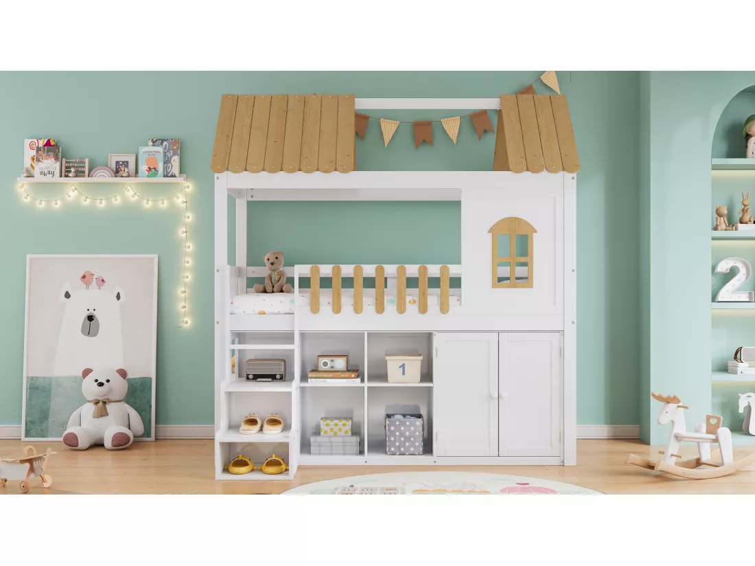 Lit mezzanine 90 x 200 cm avec armoire, 2 portes et toit - pin + MDF - blanc + naturel (sans matelas)