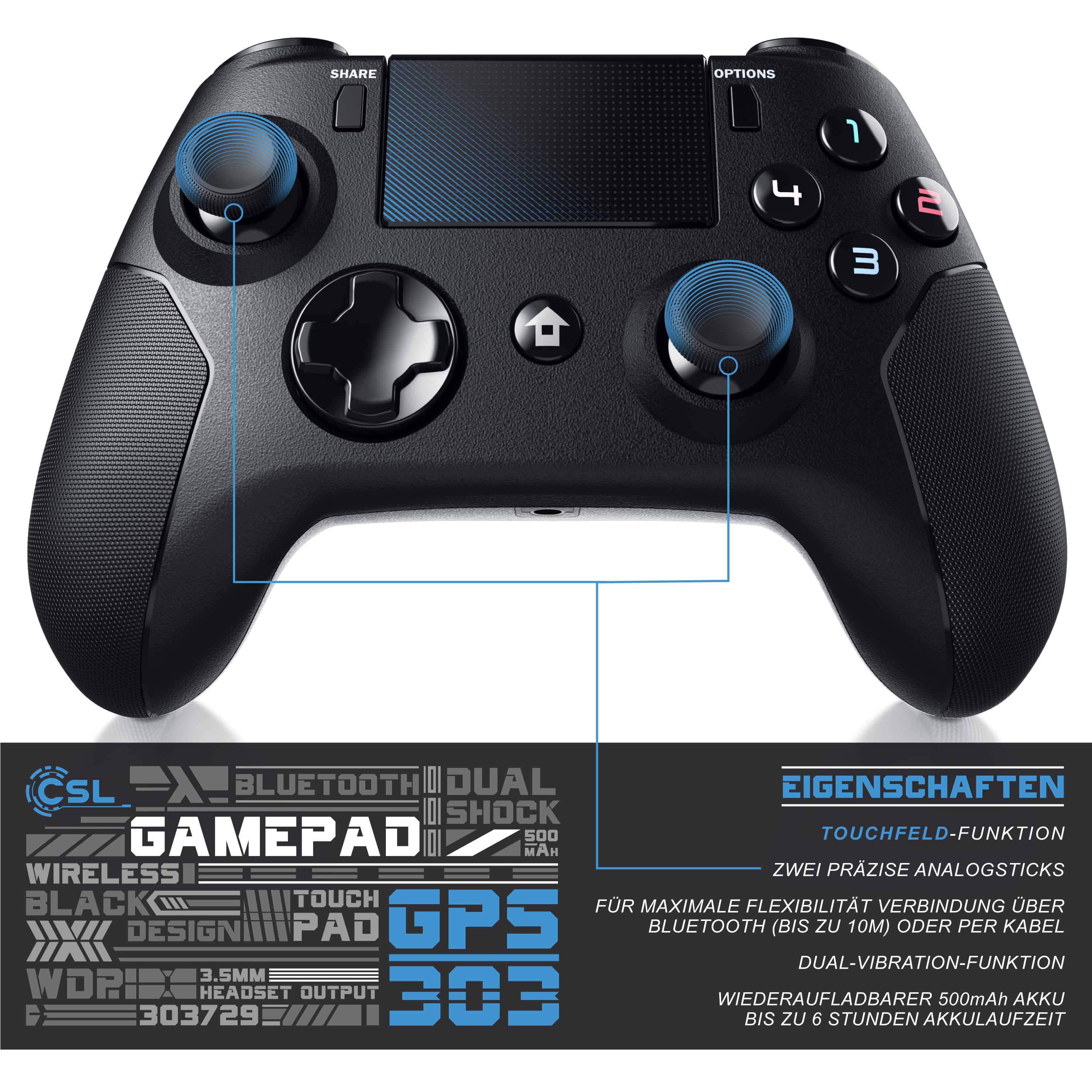 CSL 2x Bluetooth Gamepad Controller mit Dual Vibration für PS4 Touchpad / 3,5mm/ Gyrosensor