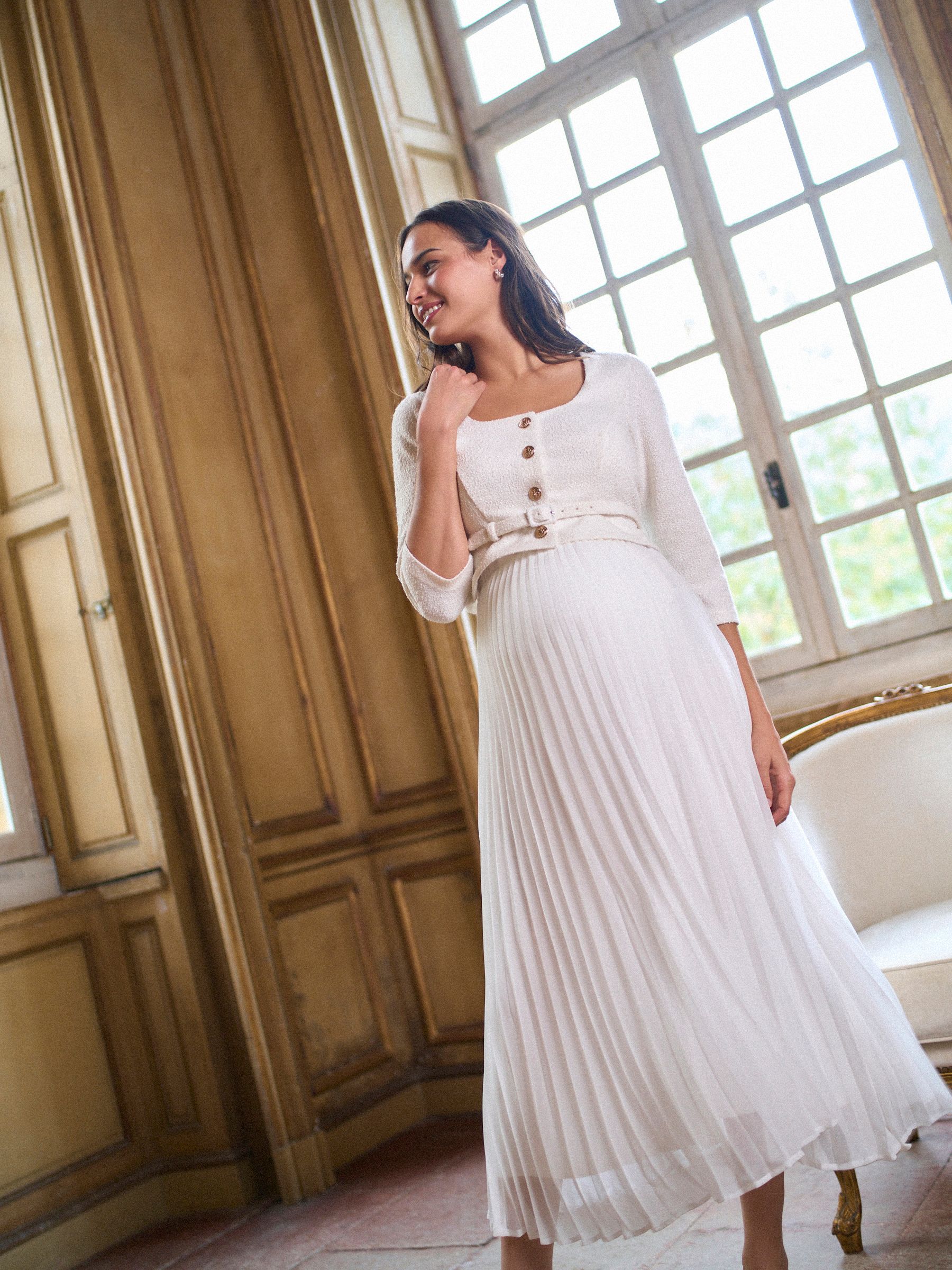 Seraphine Occasion Maternity & Nursing Bridal Dress With Tweed Bodice & Floaty Pleated Skirt