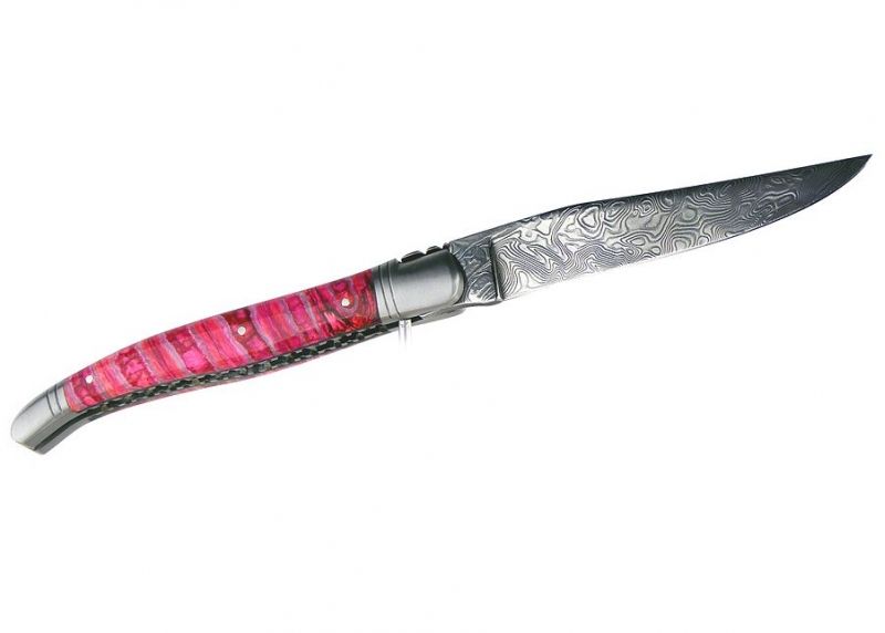 VENDU - Couteau Laguiole avec un manche en Molaire de Mammouth teintée rose