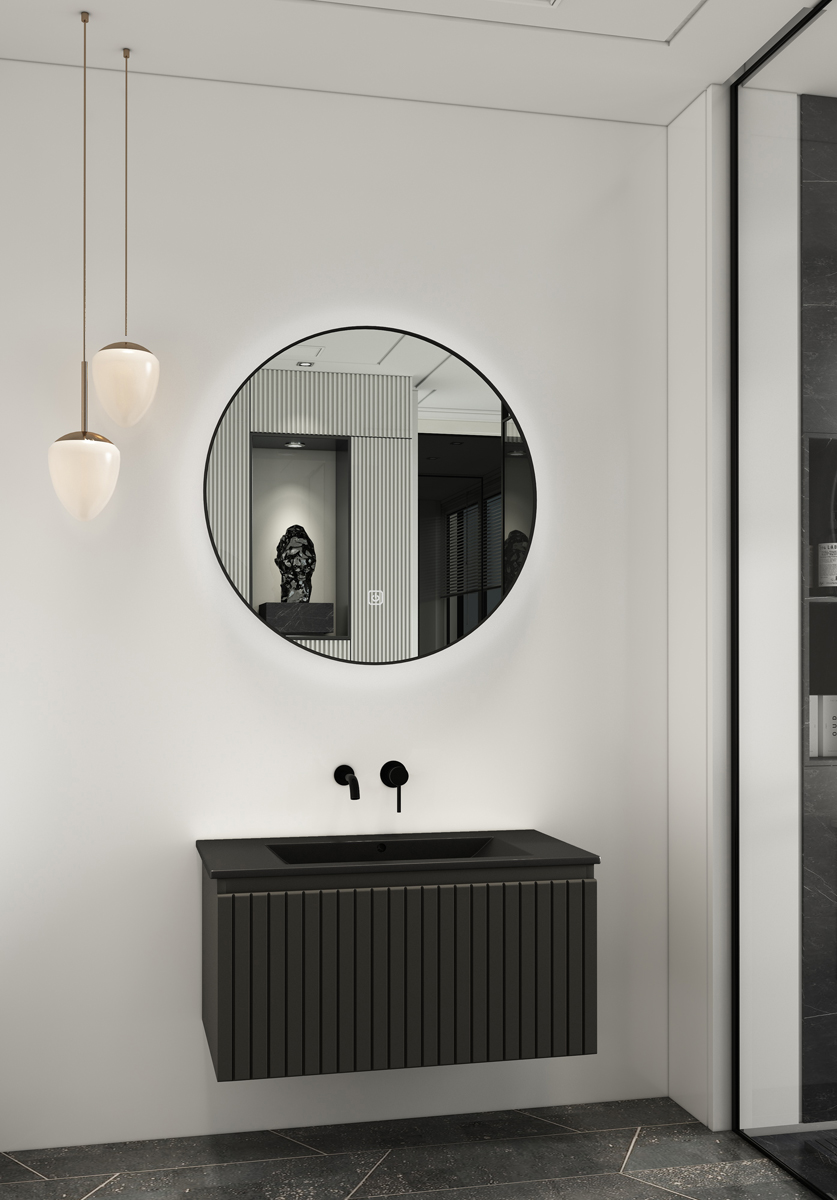 Fontana Lento zwart badkamermeubel ribbelfront zwarte wastafel 80cm geen kraangat