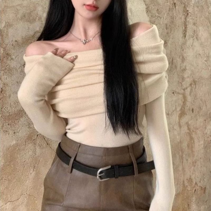 Maido - Lange mouwen off-shoulder effen gebreide top
