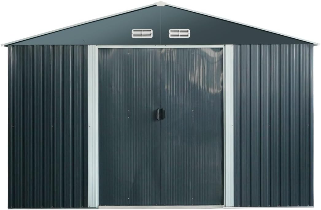 ALEOS. Gerätehaus Geräteschuppen 15m² 343x452x223 cm aus verzinktem Stahlblech Metall mit Doppelschiebetür Türhöhe 173cm Schuppen Gartenhaus