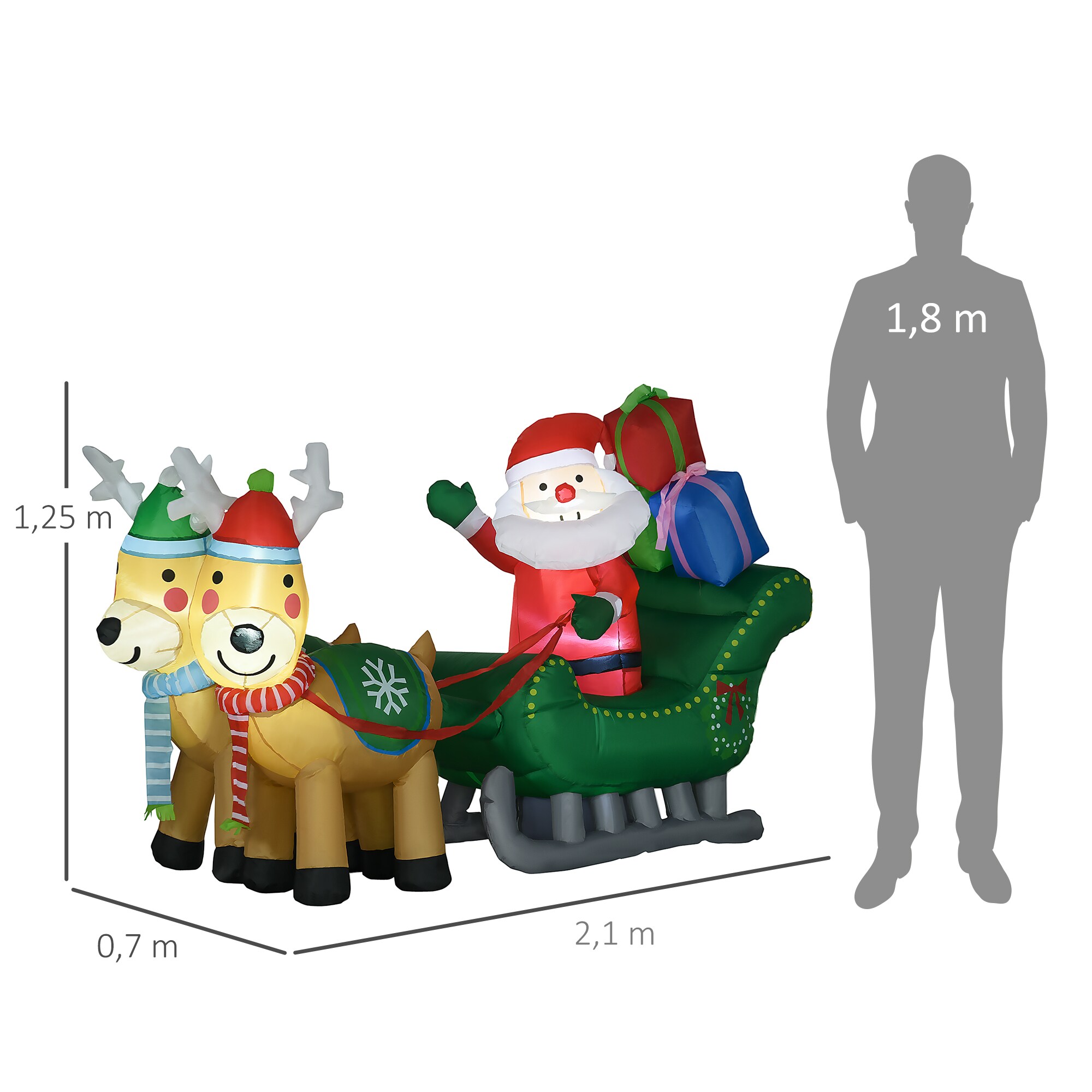 HOMCOM Aufblasbare Weihnachtsmann mit Schlitten und Rentieren mit LED-Lichter bunt 210L x 70B x 125H cm