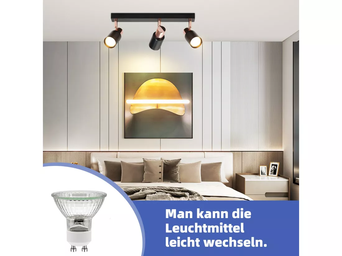 NETTLIFE Spot de plafond 3 flammes GU10 pivotante 355°noir Moderne