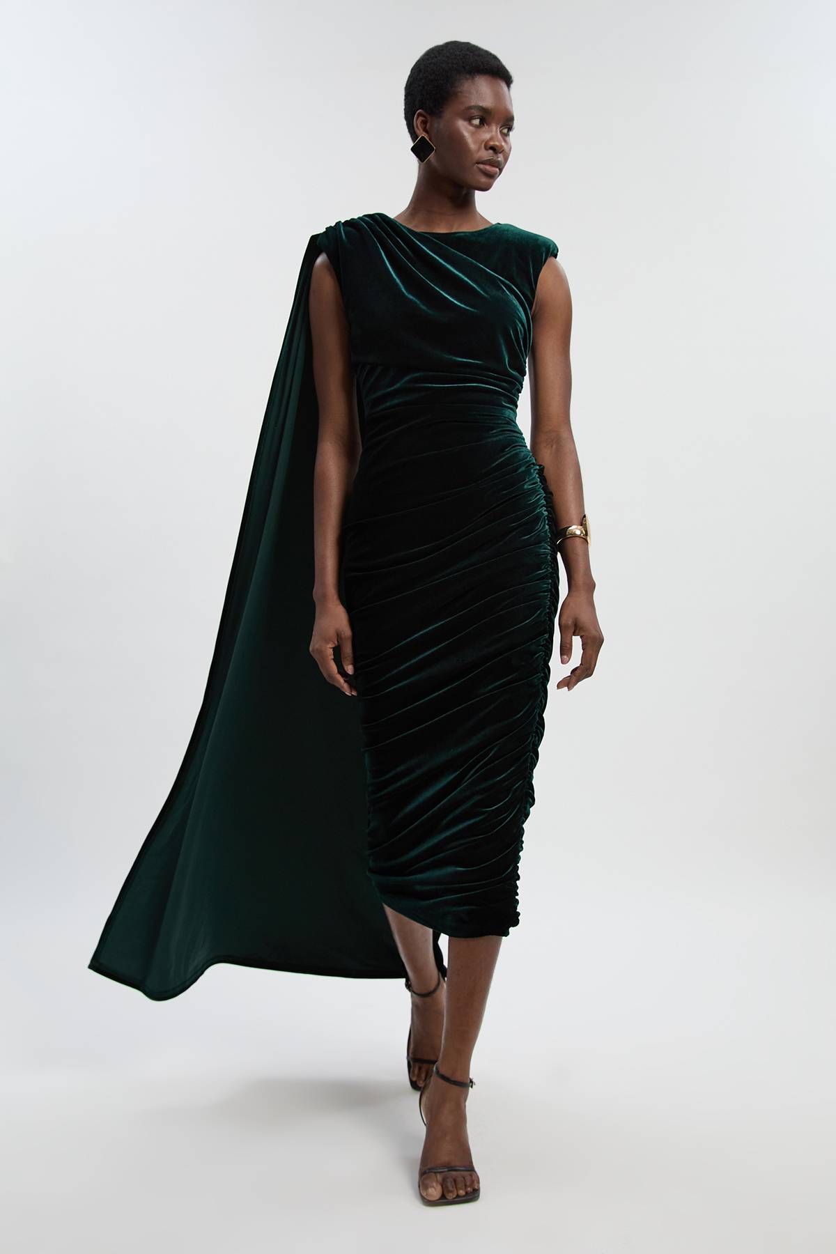 KarenMillen Robe Longue en Velours Stretch à Col Rond et Épaules Cape