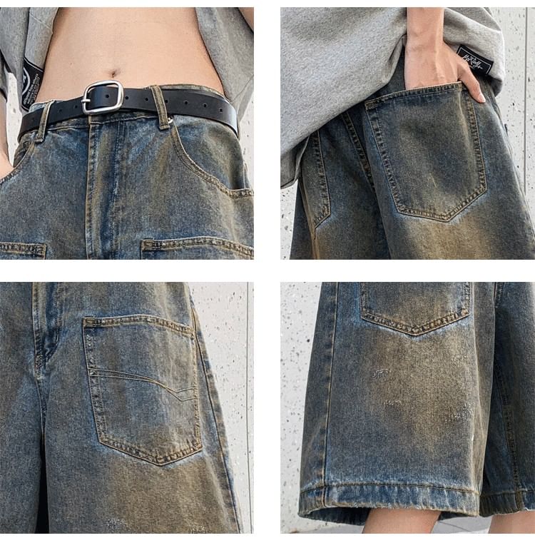 Hushgrain - Mid Rise Washed Denim Shorts