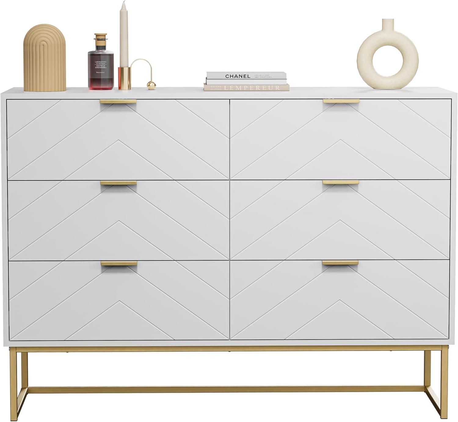 UEV Kommode mit 6 Schubladen Schrank Holz mit Kippsicherung Metallfuß Highboard Sideboard Schmal kommode Beistellschrank für Wohnzimmer Schlafzimmer,Flur 100x34x73,5cm weiß