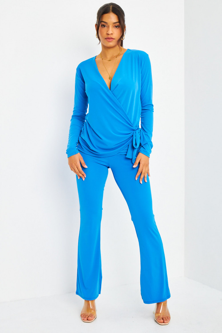 Ensemble 2 pièces top + pantalon bleu satiné